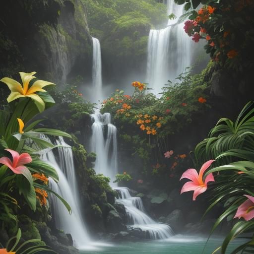 Tropical Hawaiian Waterfall with Leaping Swimmer in Dreamy L...