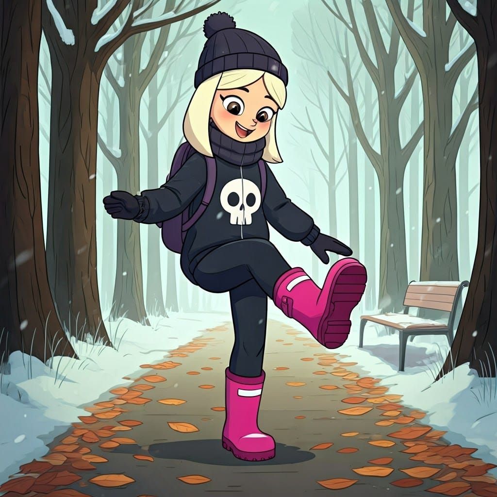 Girl with Pink Hair Kicking Leaves in Park