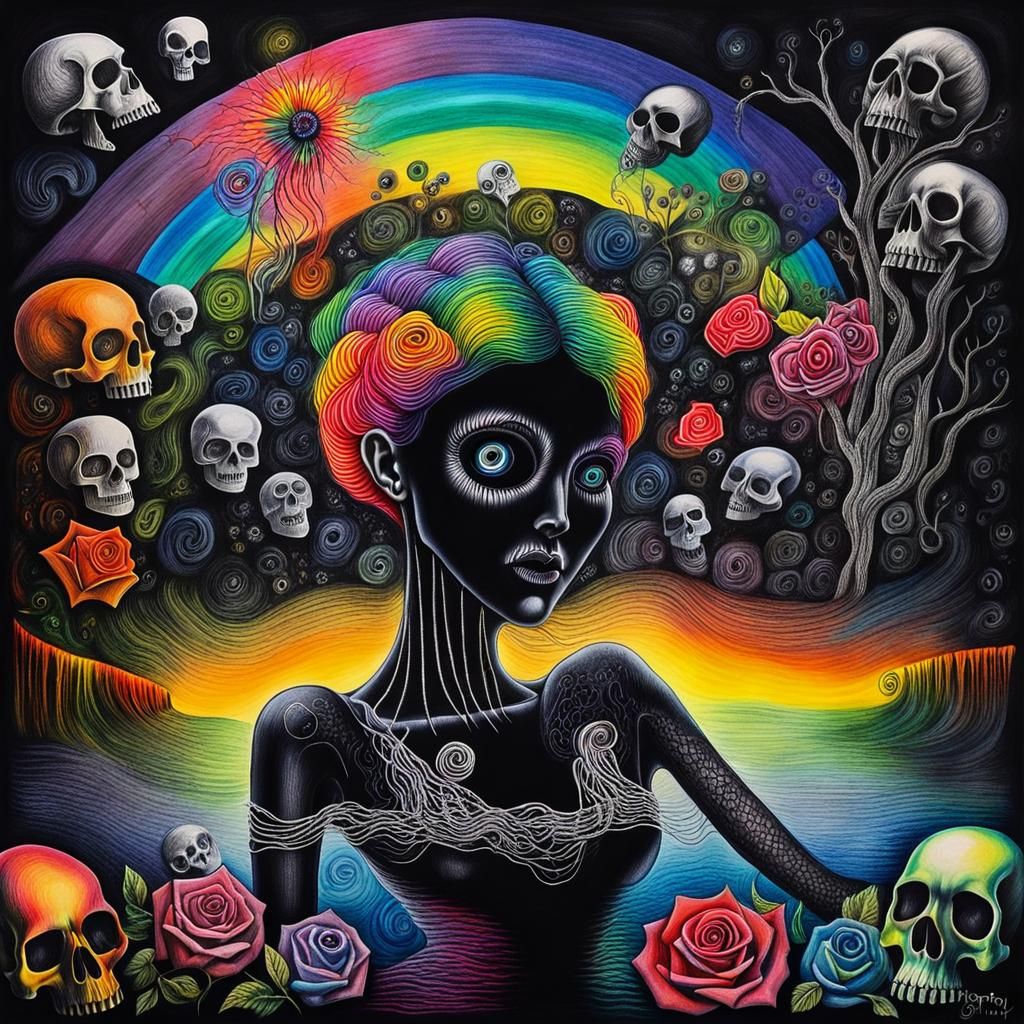 Surreal Crayon Drawing of Goth Woman in Darkness