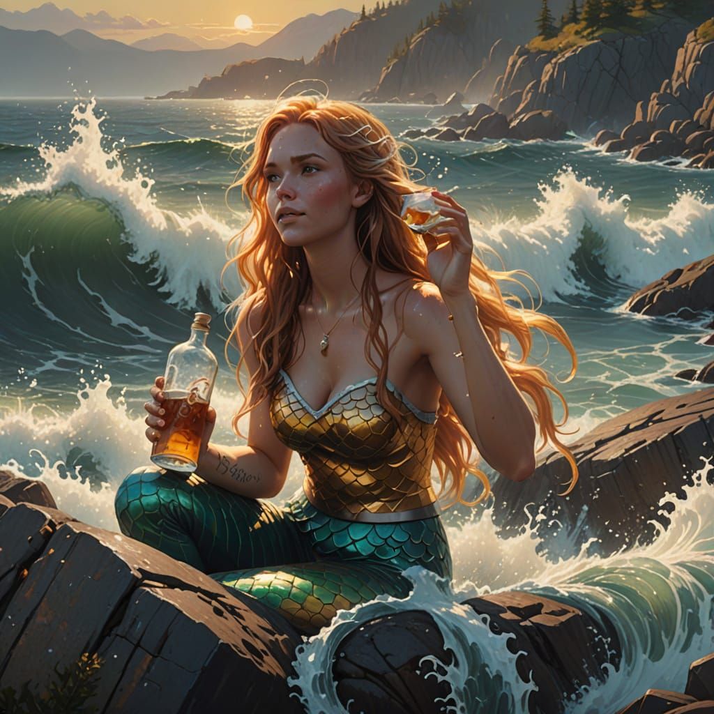 Mermaid Sings While Ship Sinks, Drinking Rum on Rocky Shore