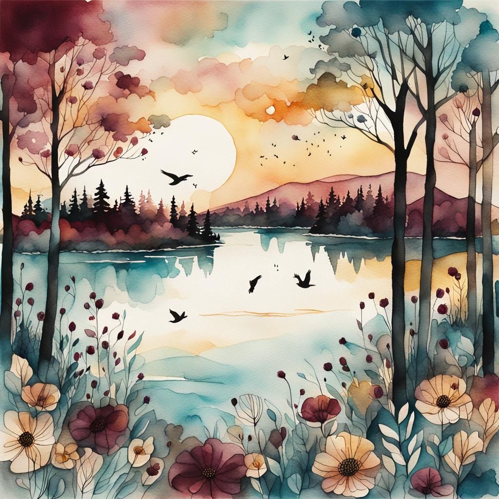 Watercolor Lake Scene with Flowers and Abstract Shapes