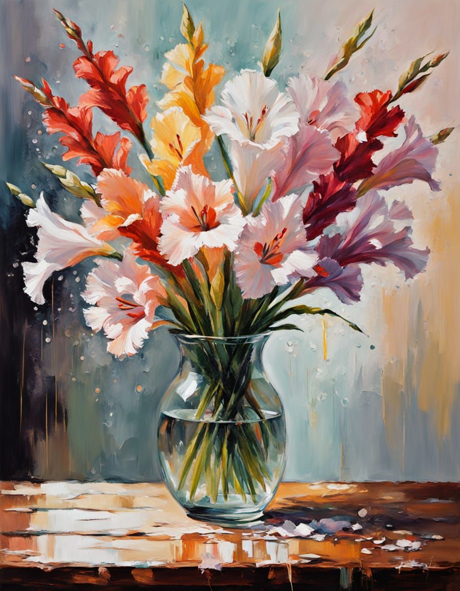 Impressionist Oil Painting of Gladioli in a Glass Vase