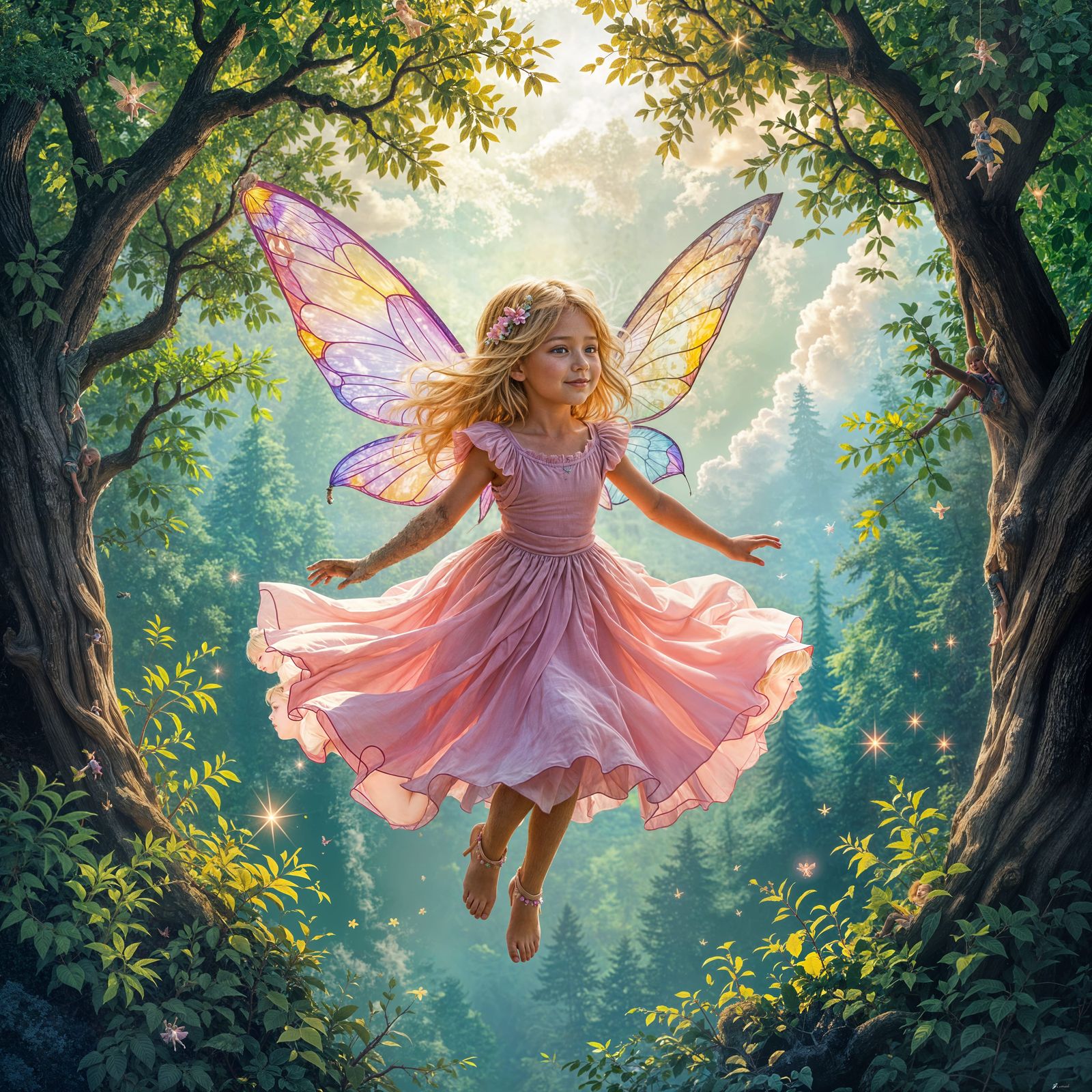 Enchanted Forest: Girl with Fairy Wings in Magical Canopy