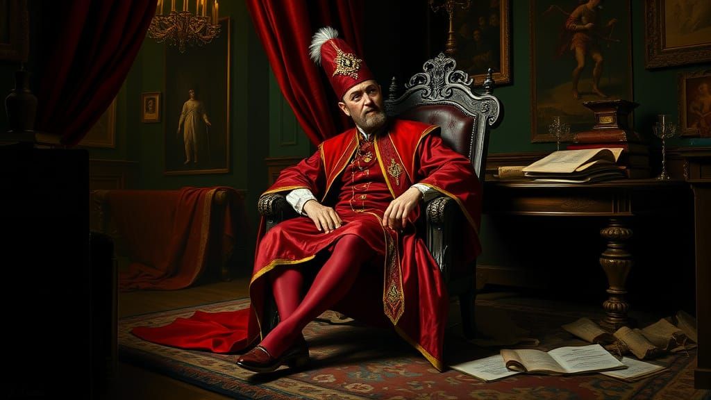 A Red-Clothed Man in Contemplation, Amidst a Luxurious Study