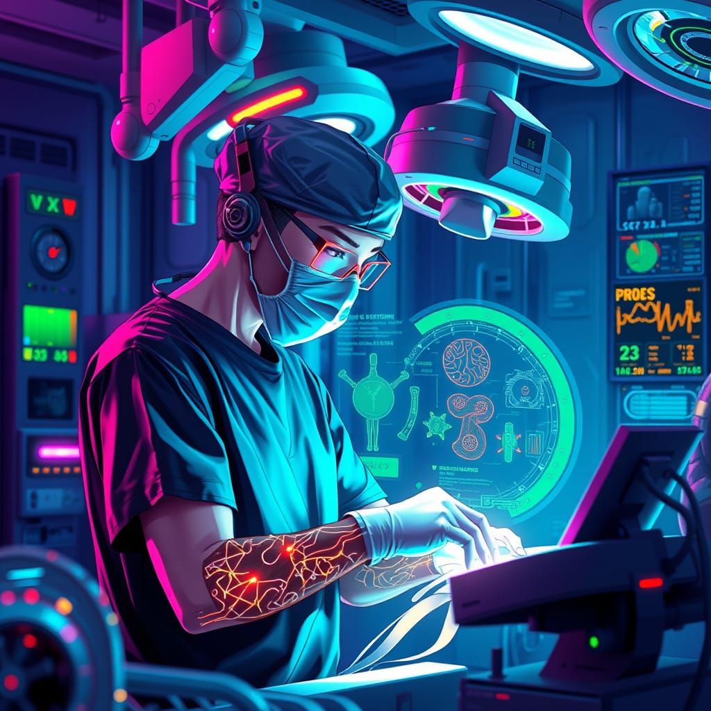 Cyberpunk Surgeon Operates in Neon Futuristic OR