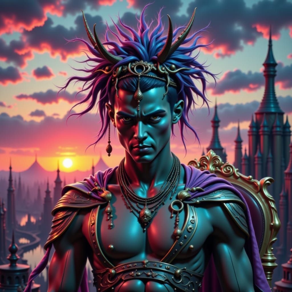 Troubled King on Throne in Dystopian Landscape