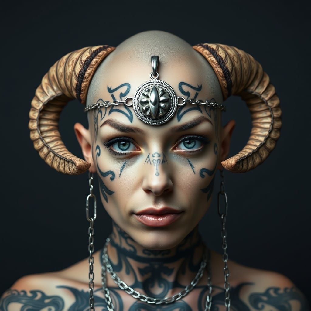 Portrait of a Horned Woman with Fractal Tattoos