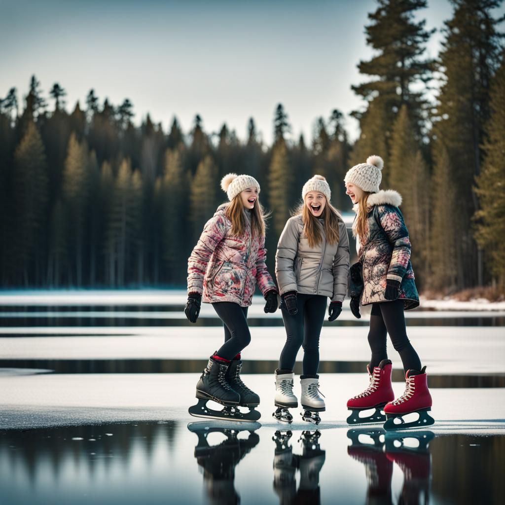 Girls Skating on Frozen Pond in Winter