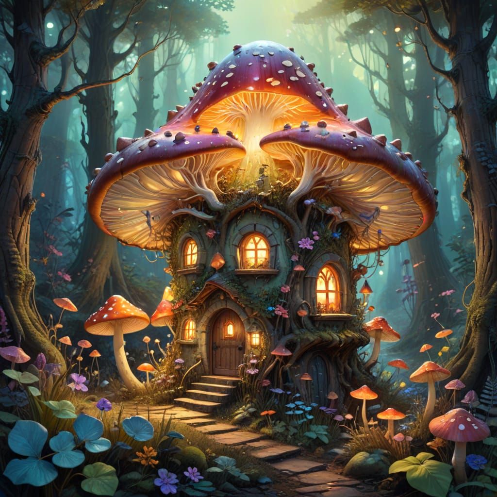 Enchanted Bioluminescent Forest Scene in Whimsical Watercolo...