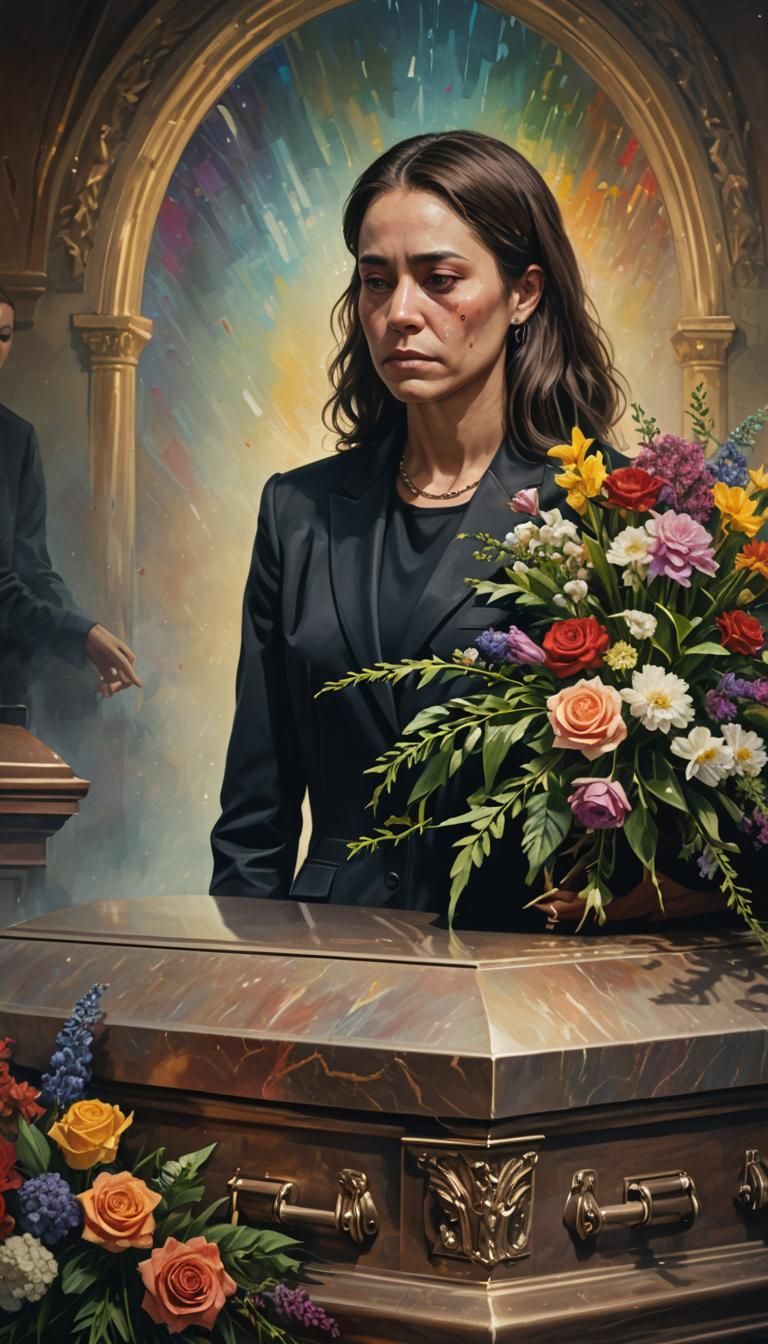 Woman at Funeral: Hyperrealistic Casket Scene
