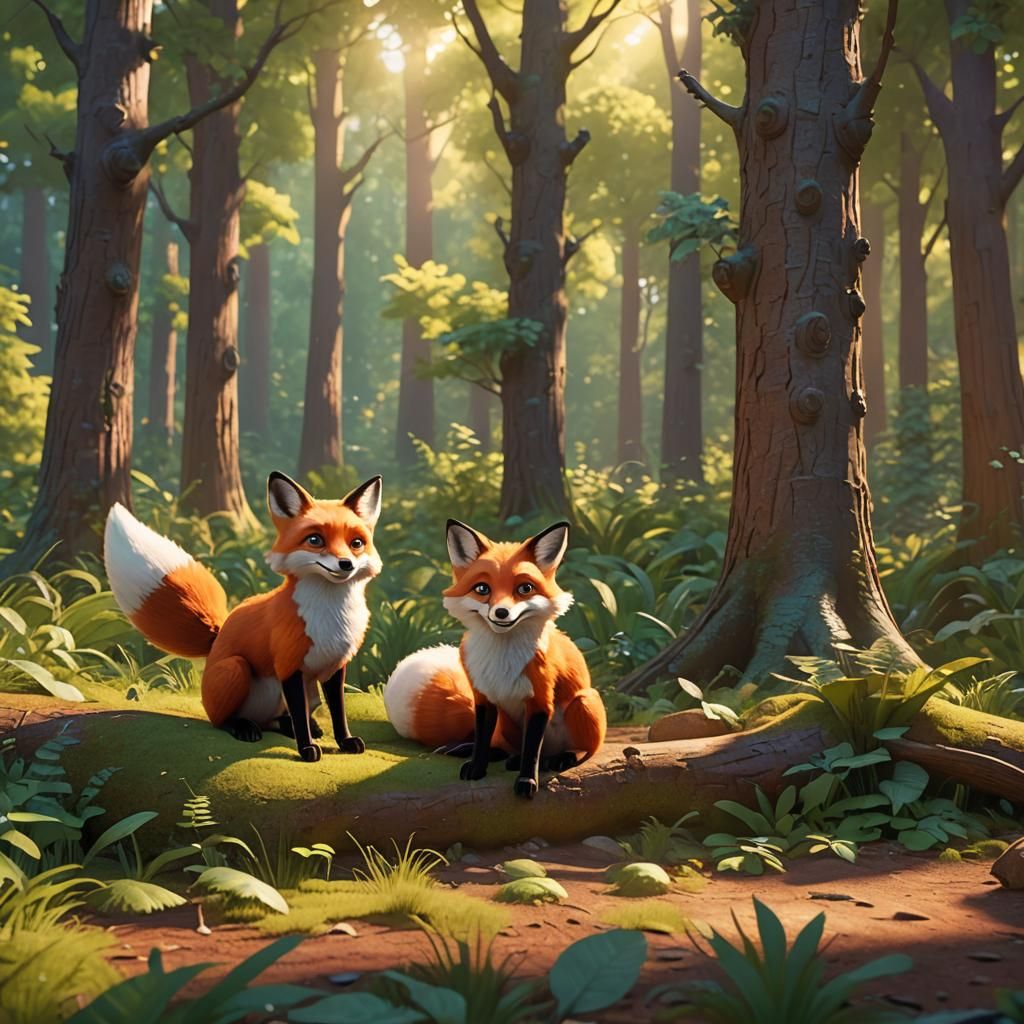 Foxes Playing in Forest: Pixar-Style 3D Concept Art