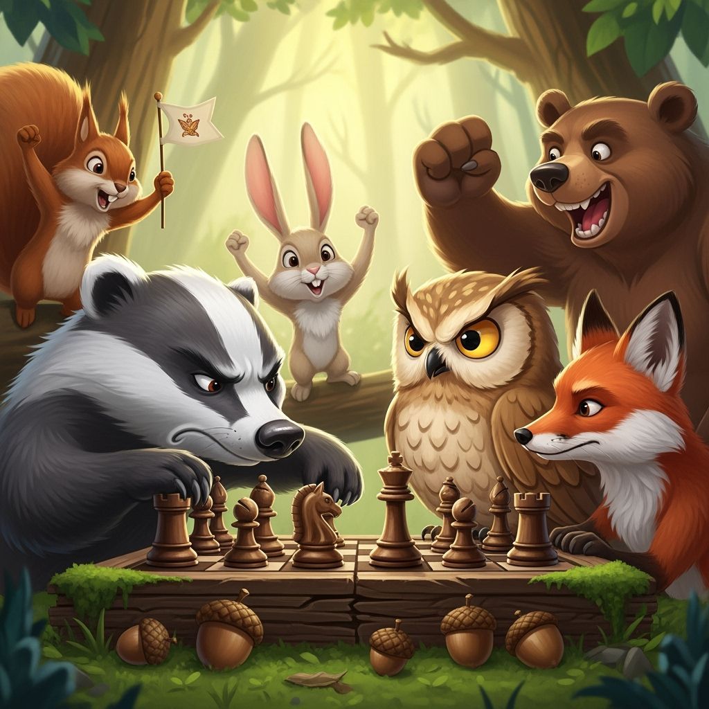 Badger and Owl Chess Match, Digital Illustration