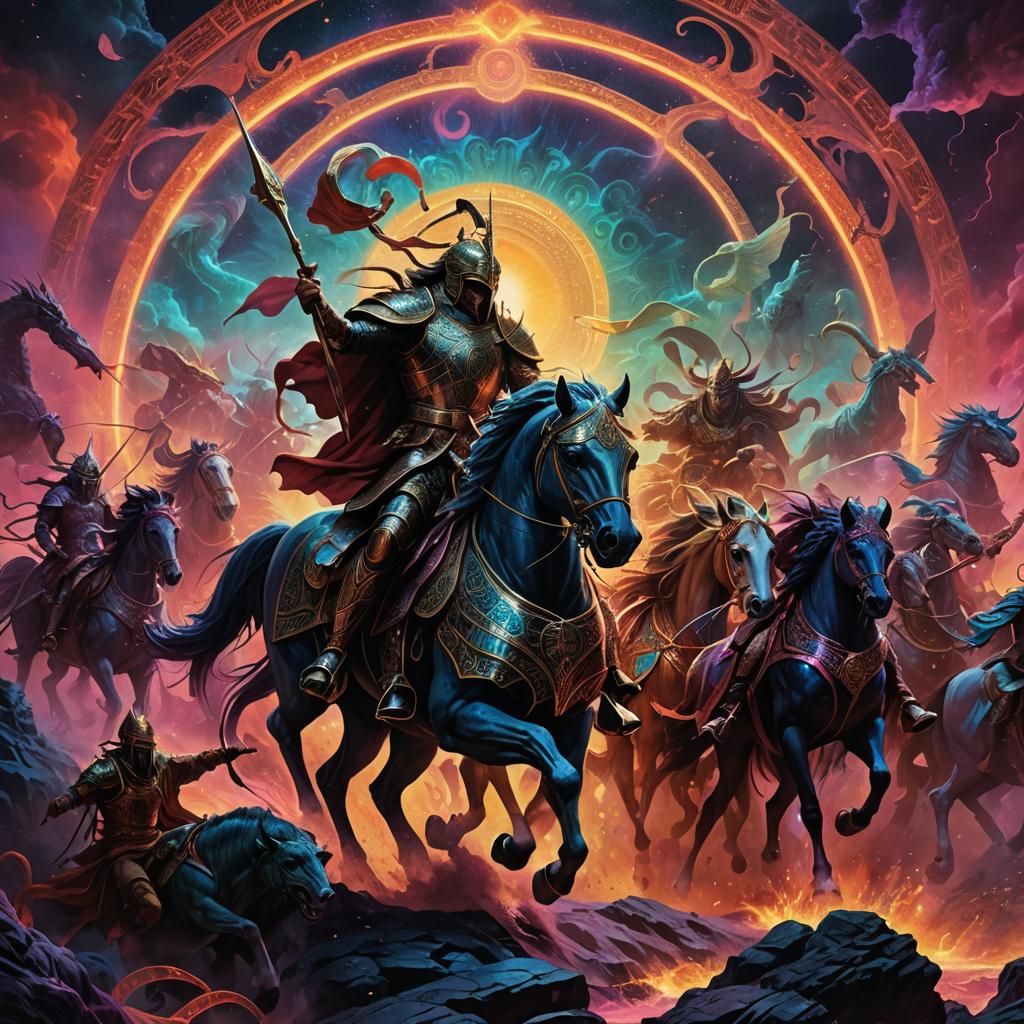 Assyrian Horsemen in Iridescent Underworld Realm
