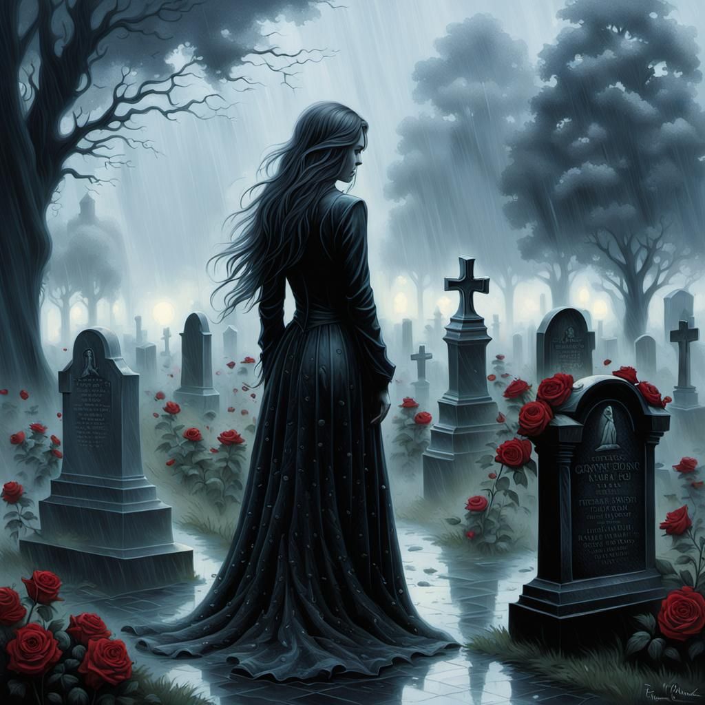 Mourning Woman at Gravestone in Ethereal Fantasy Style