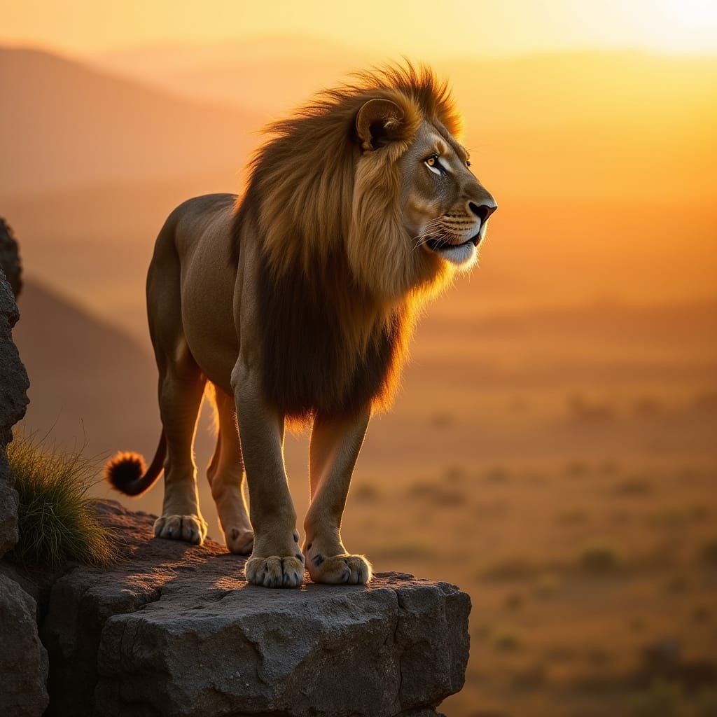 Lion Overlooking Savanna at Sunset: Wildlife Photography