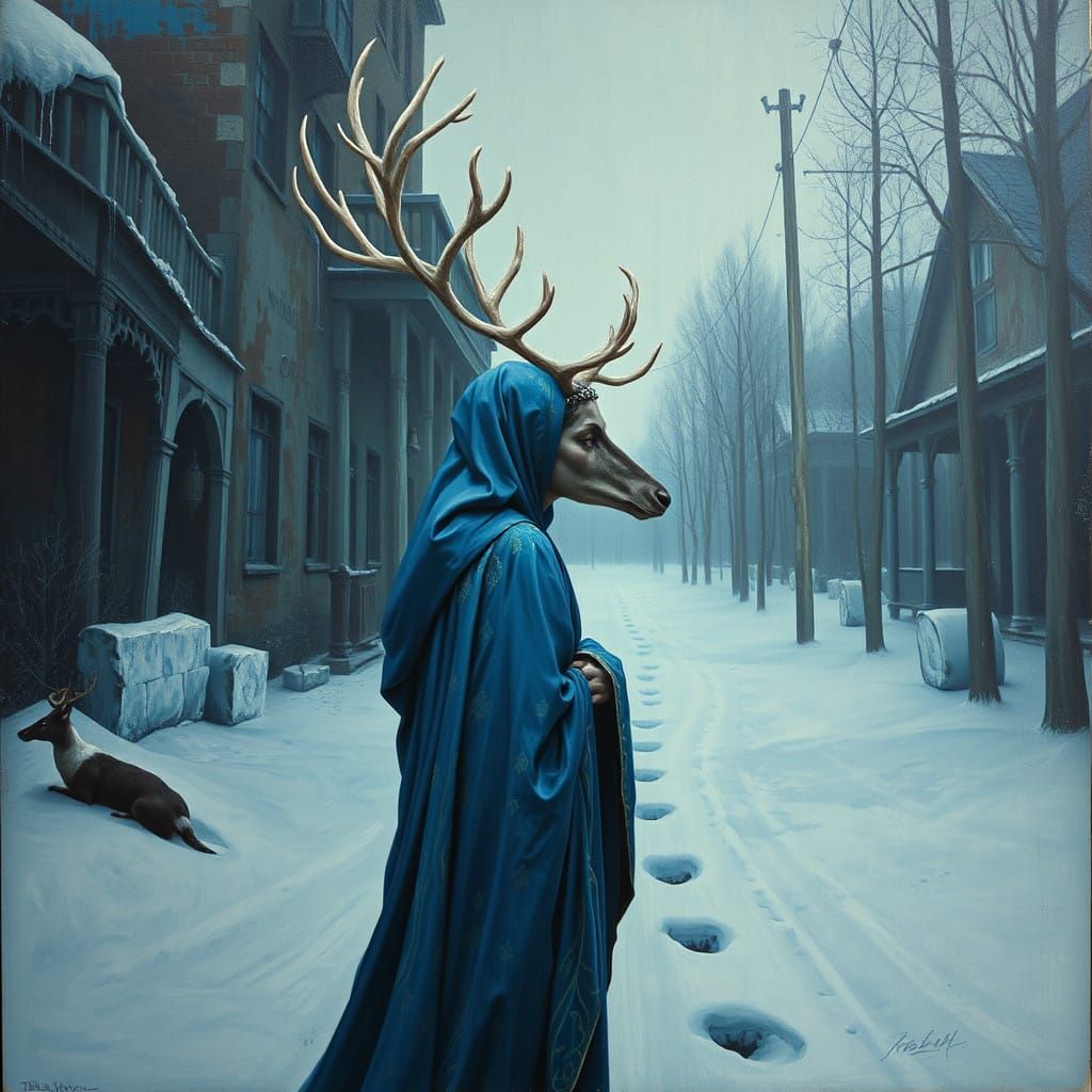 Digital Painting of a Reindeer Priestess in Sapphire Robes