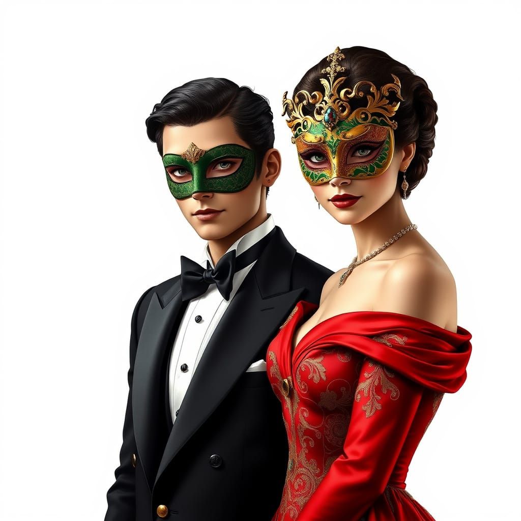 Elegant Masquerade Couple in Art Nouveau Style