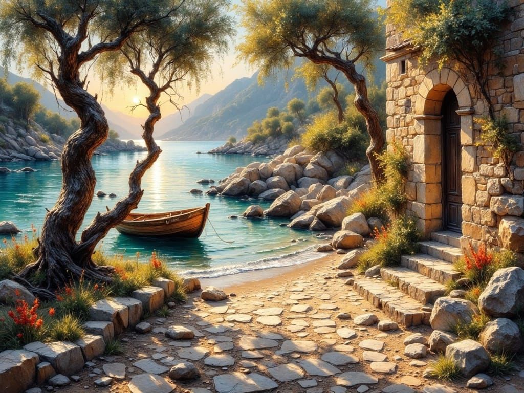 Serene Mediterranean Cove at Sunset Oil Painting
