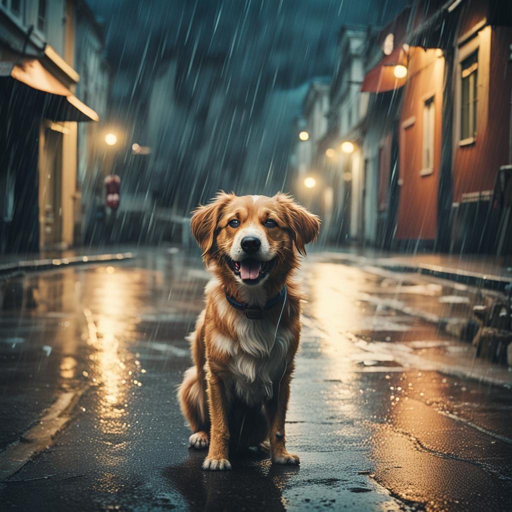 Happy Dog in Rain, Cinematic Film Still