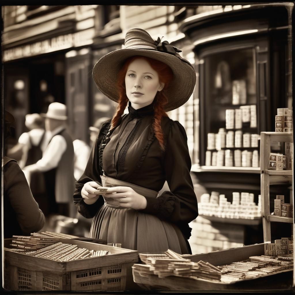 Victorian Girl Selling Matches in Sepia Tone