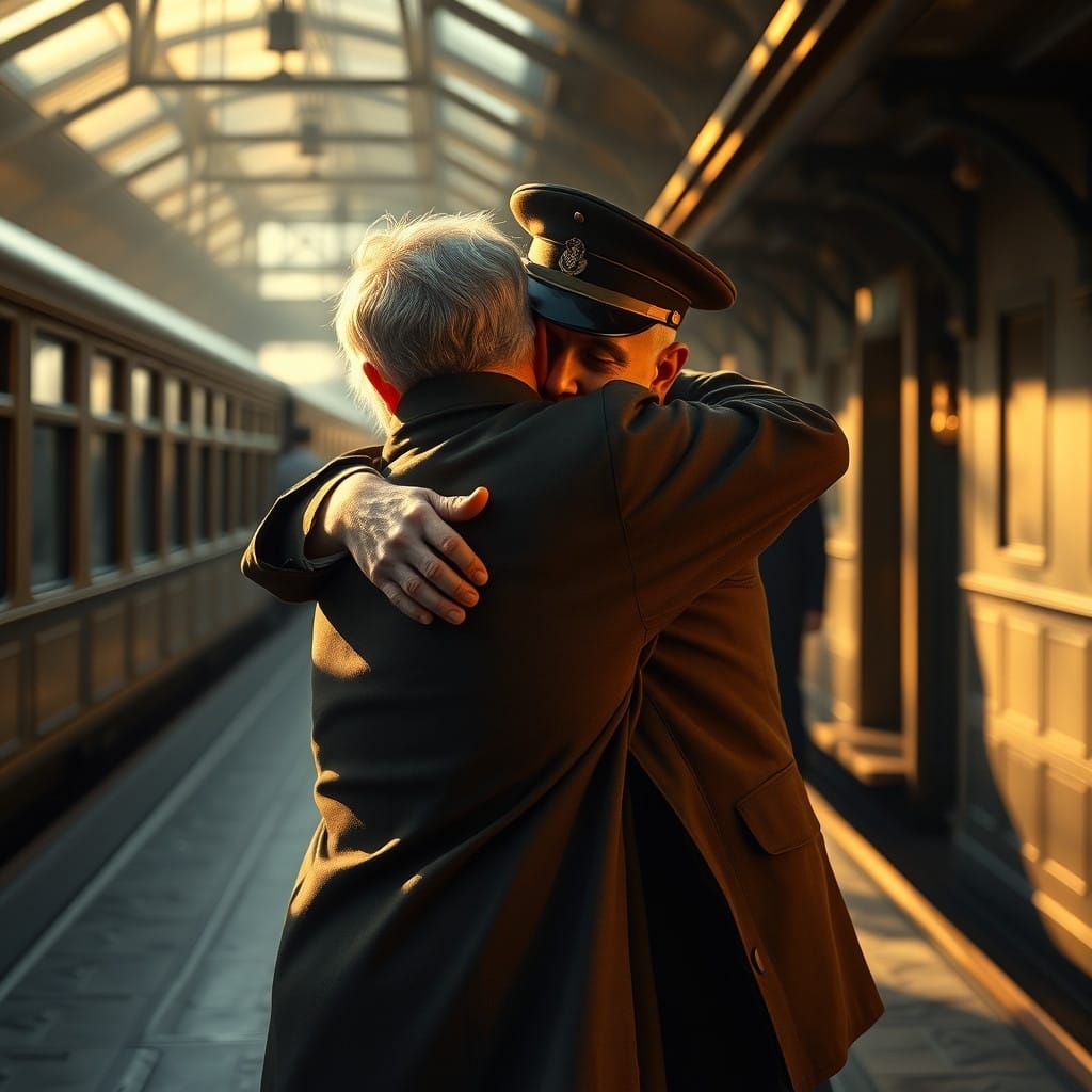 A Heartfelt Reunion at a Vintage Train Station in Film Noir...
