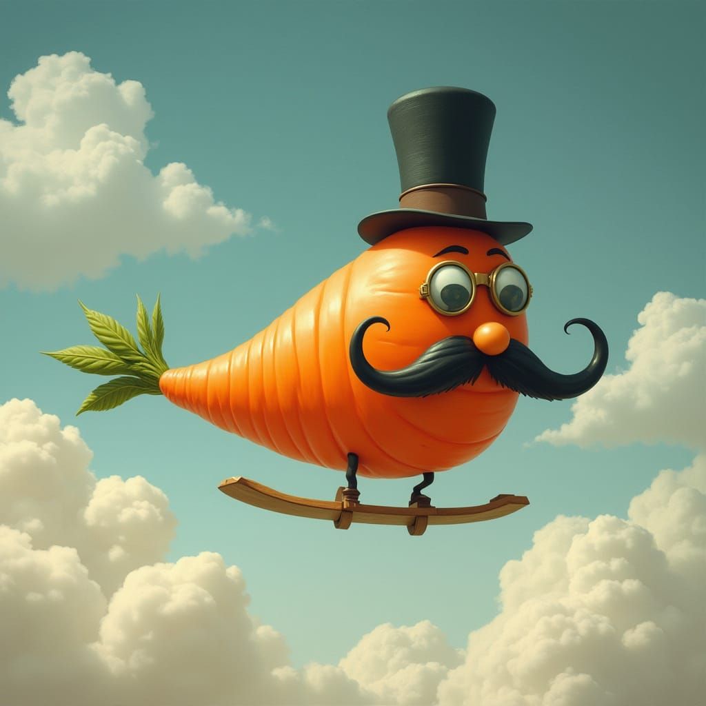 Whimsical Flying Carrot with Dali-esque Mustache