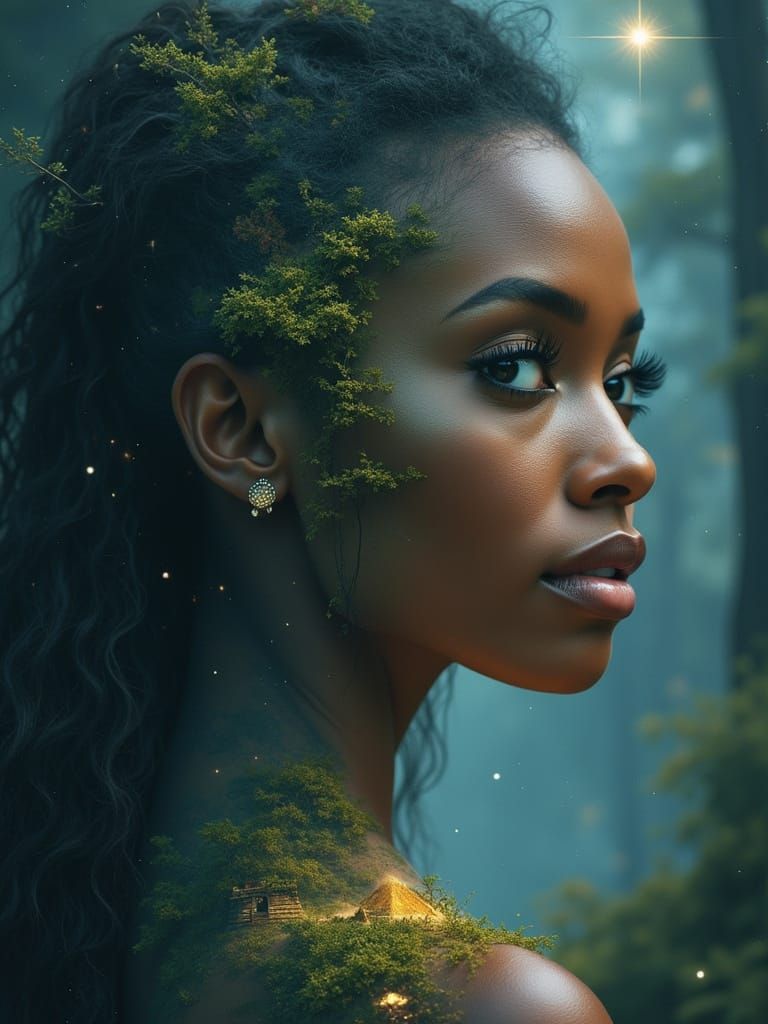 African Goddess Radiates Cosmic Essence in Starry Night Sky