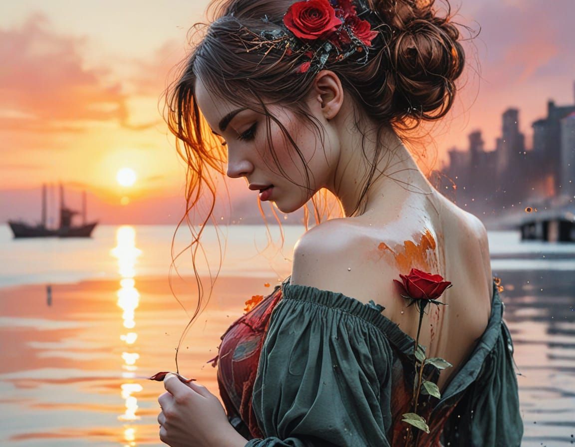 Ethereal Woman Basks in Melancholic Sunset Glow