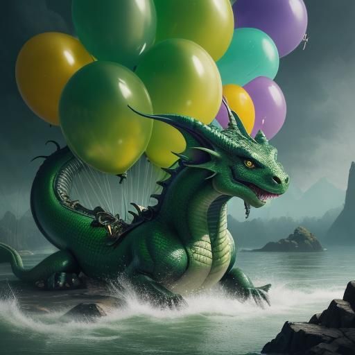 Playful Green Dragon in Balloon Sea: Dark Fantasy Art