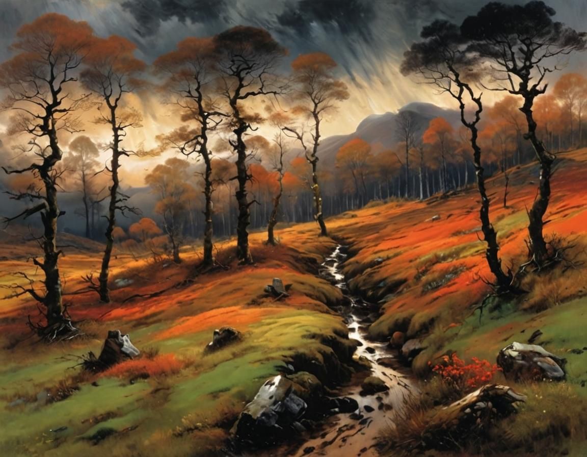Storm Approaching Over Moorland With Gnarled Trees