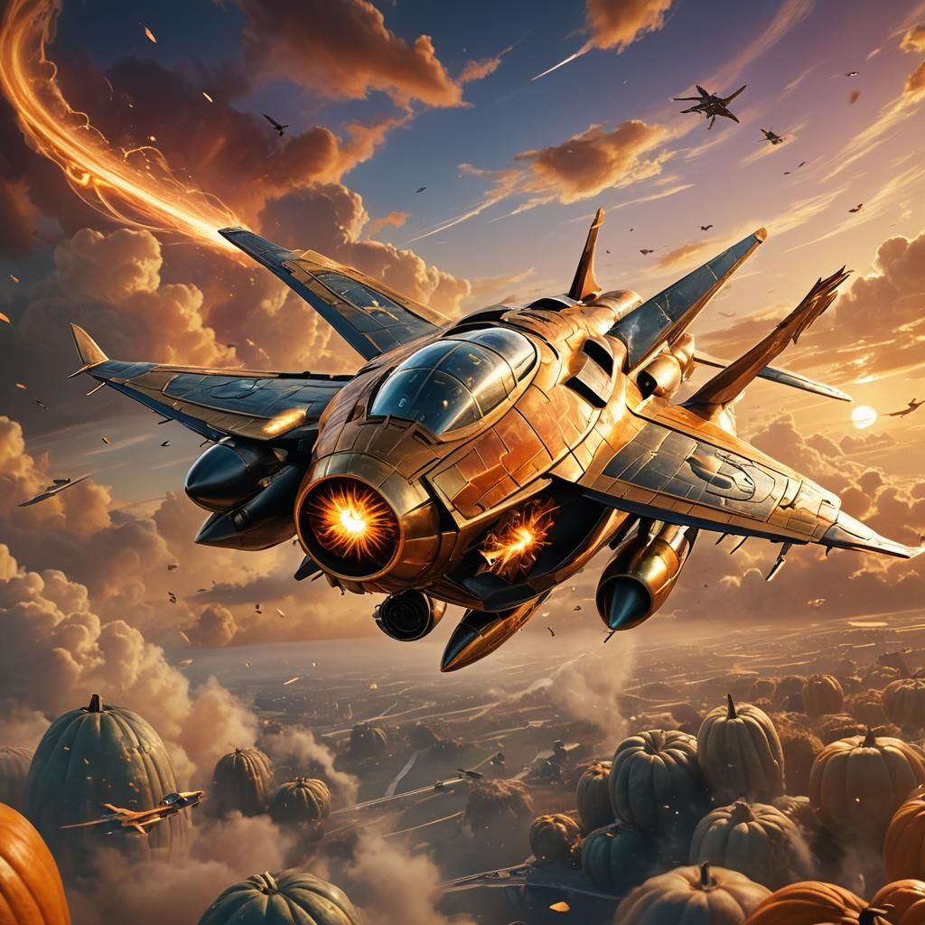 Pumpkin Fighter Jet Soaring in Sunset Sky