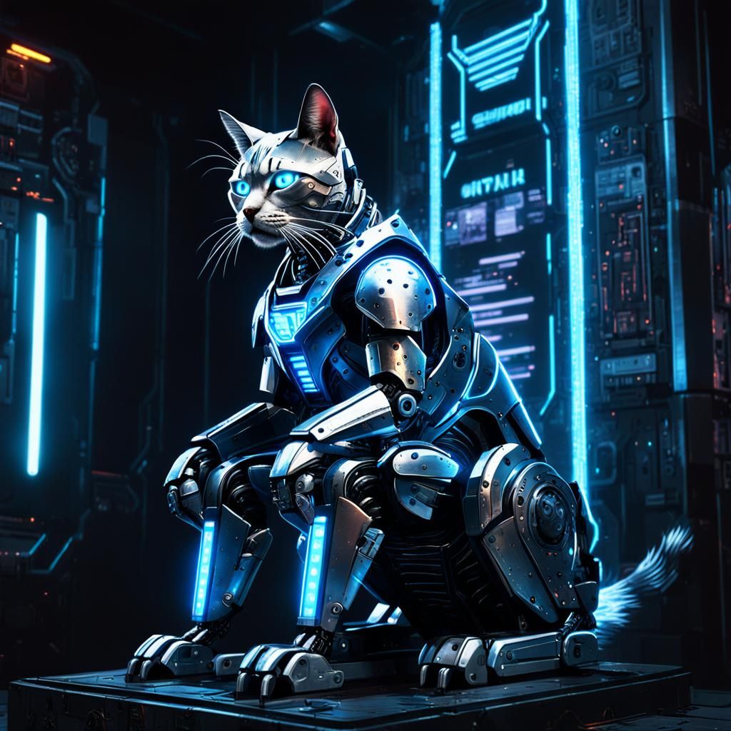 Cyberpunk Robot Cat Reigns Supreme in Neon-Lit Urban Jungle