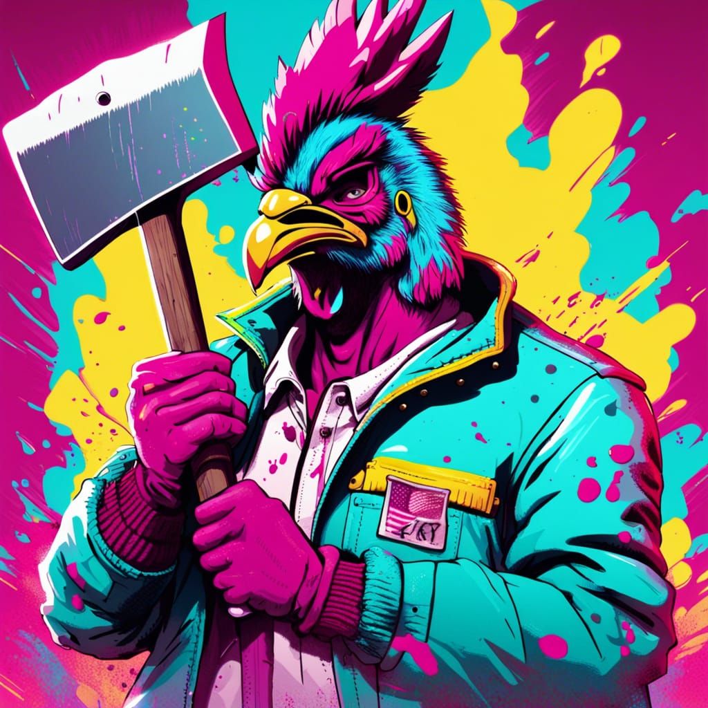 Man in Rooster Mask with Axe, Cel-Shaded Style