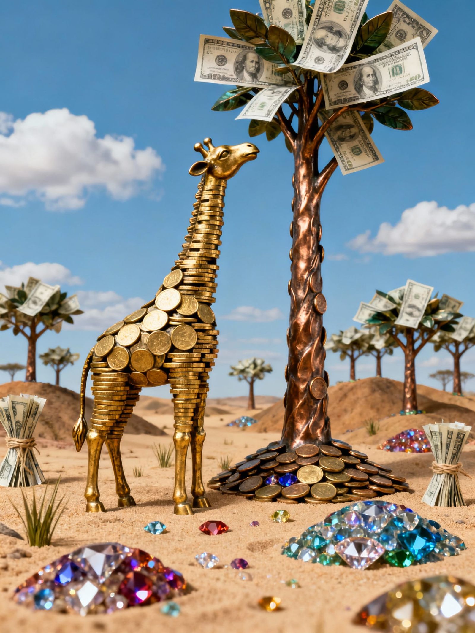 Giraffe Sculpture of Gold Coins with Money Tree
