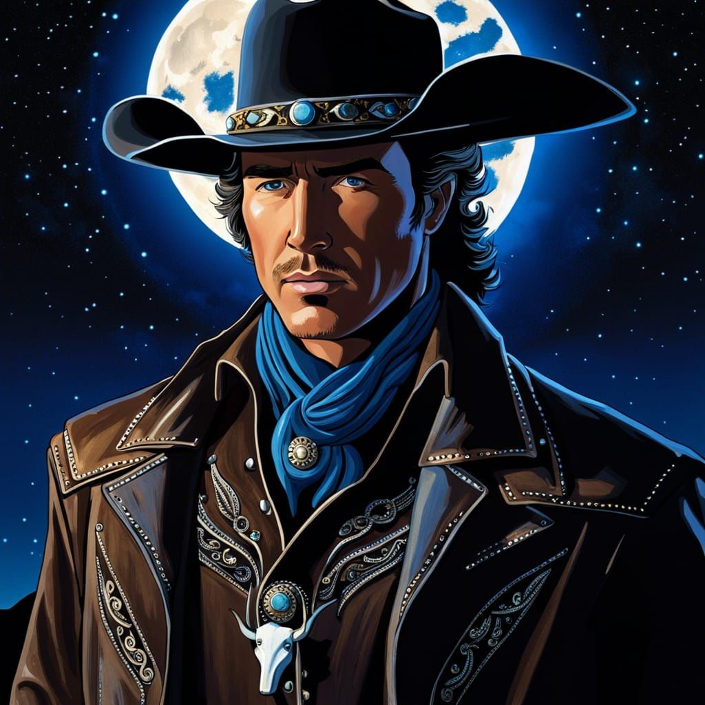 Handsome Cowboy Portrait under a Full Moon