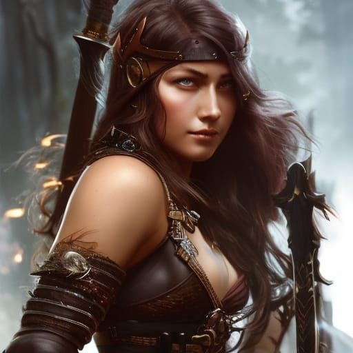 Female Barbarian Warrior Portrait in Dark Fantasy Style