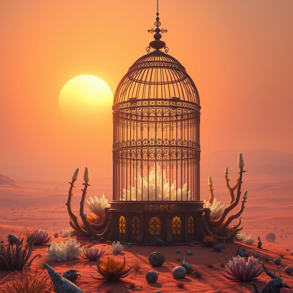 Giant Birdcage in Alien Desert Under Binary Sunset