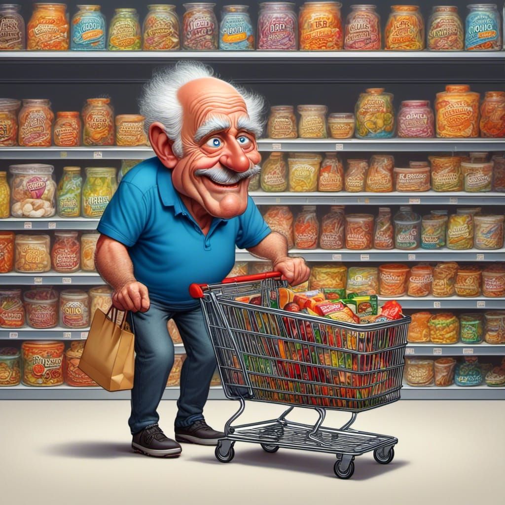 Funny Caricature of Elderly Man Shopping