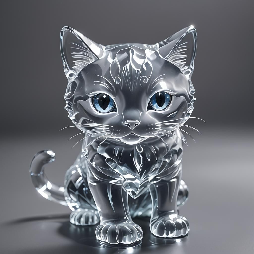 glowing hologram of water sculpture cat transparent crystal-clear see-through epillucid; transparent as clear water; glo...