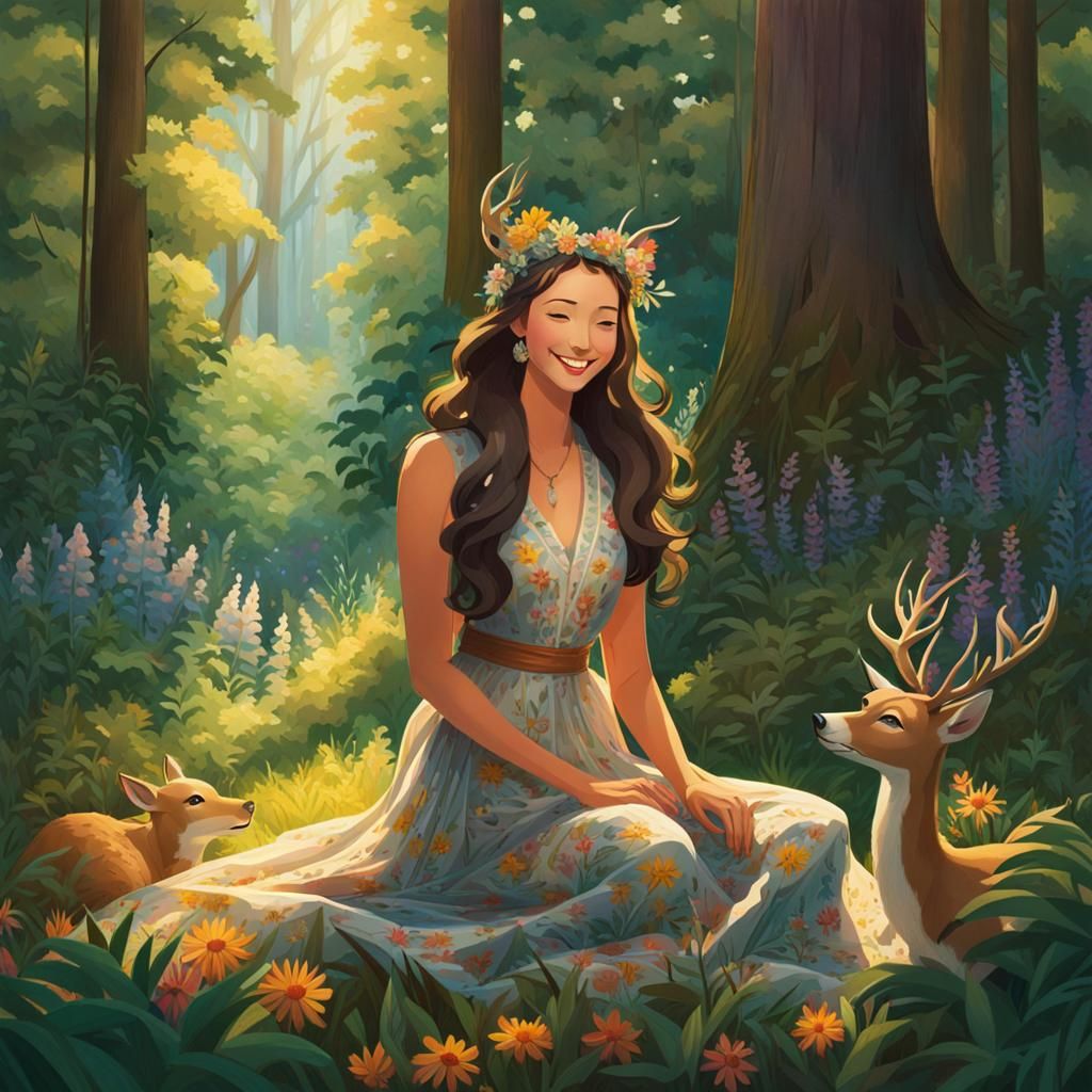 Woman in Forest with Deer: Fantasy Illustration