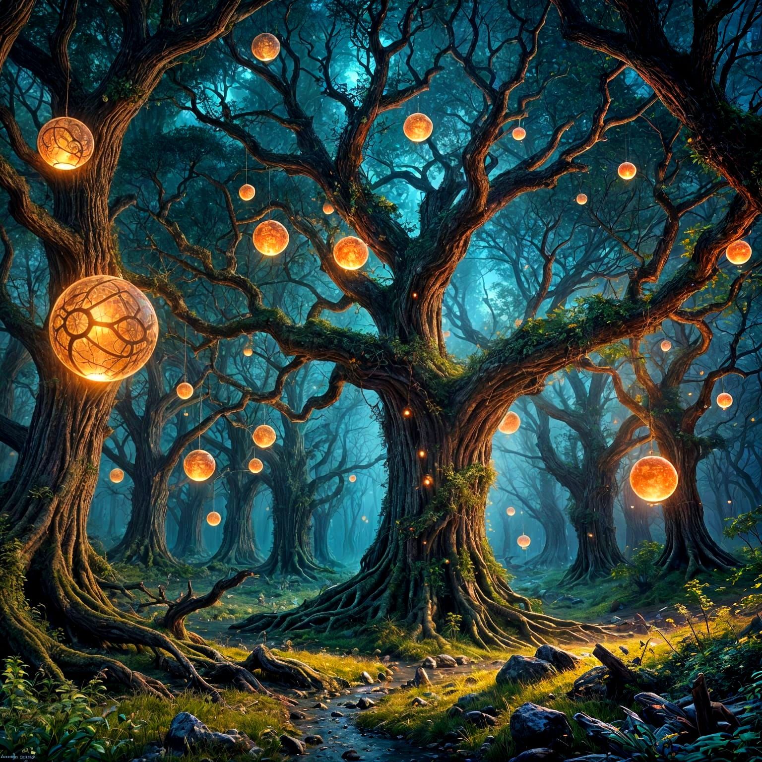 Mystical Celestial Forest with Bioluminescent Flora