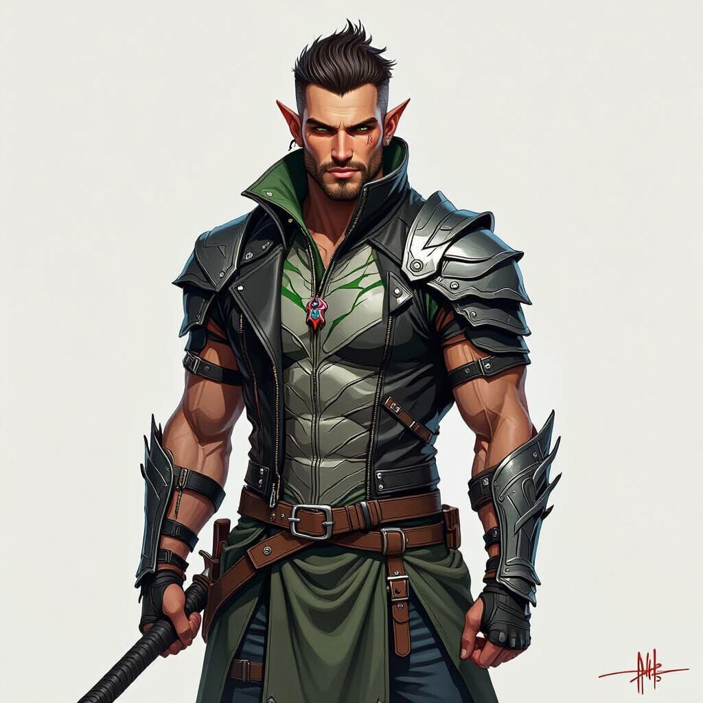 Half-Dragon Elf in Cityscape, Vibrant Fantasy Art