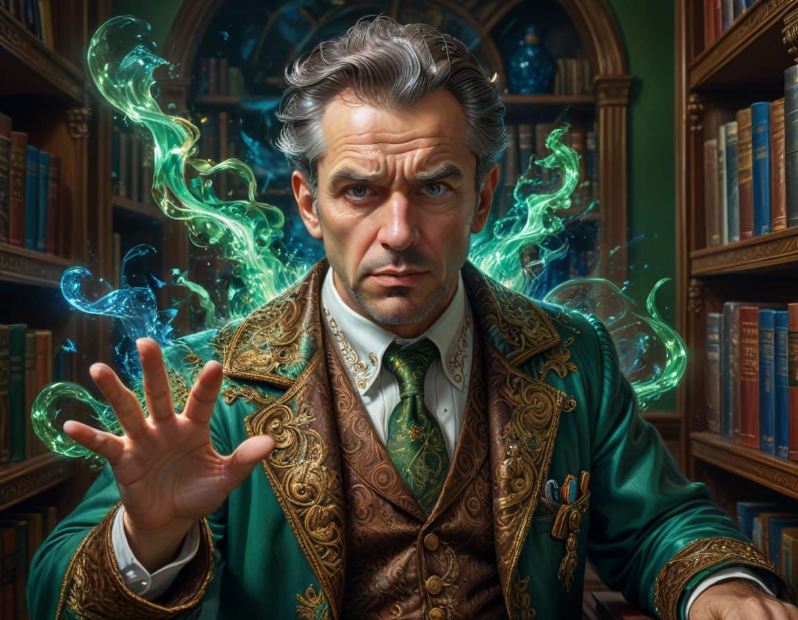 Angry Intellectual in Library, Hyper-Maximalist Oil Painting