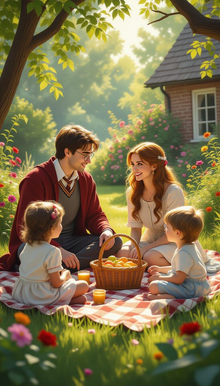 Family Picnic in Lush Garden, Surreal Hyperrealistic Style