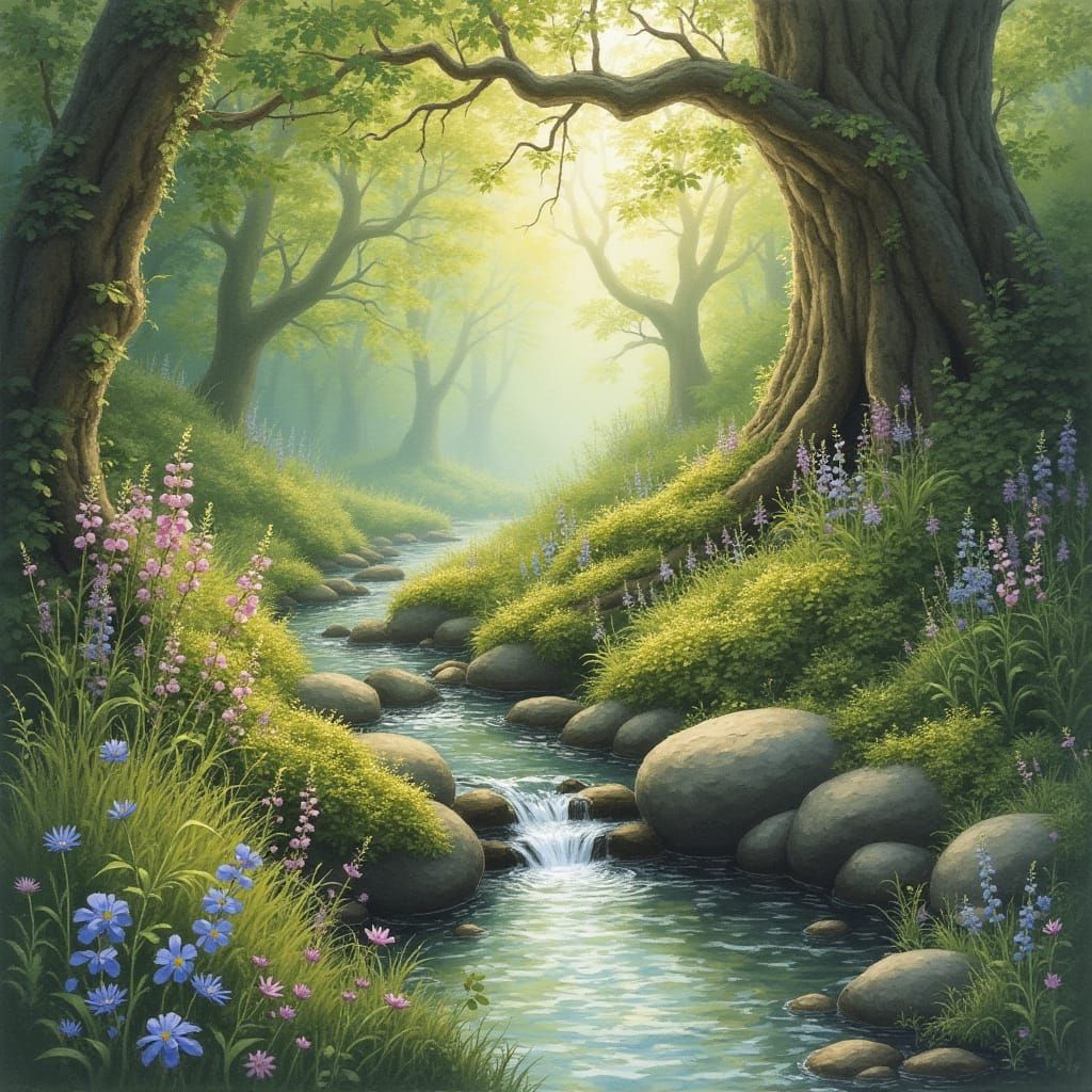 Enchanted Fairy Glen Spring in Watercolor Style