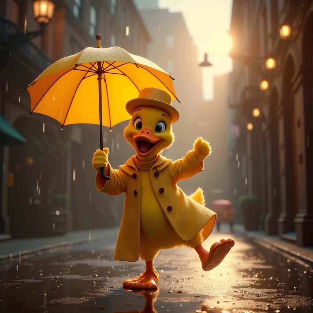 Dancing Duckling in Rain: Broadway-Style 3D Render