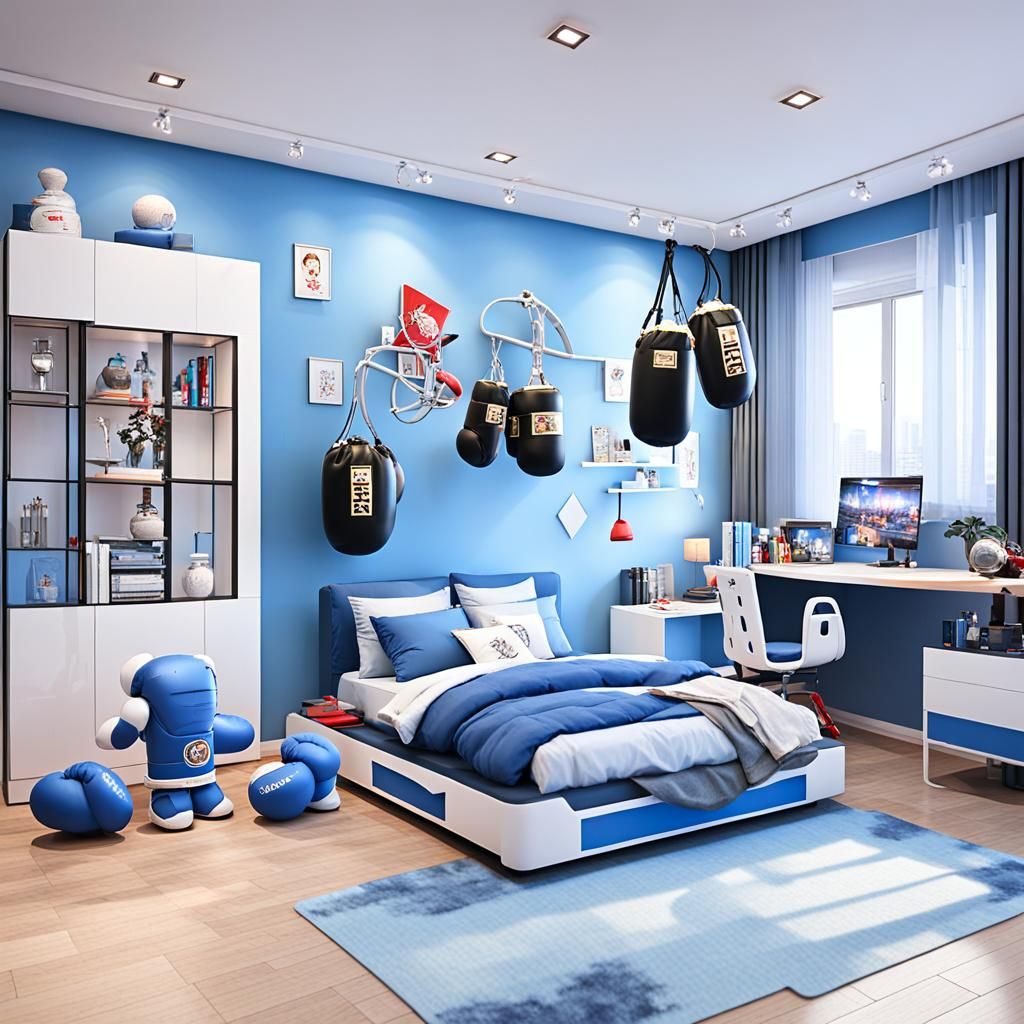 Energetic Bedroom Scene with Boxing Equipment