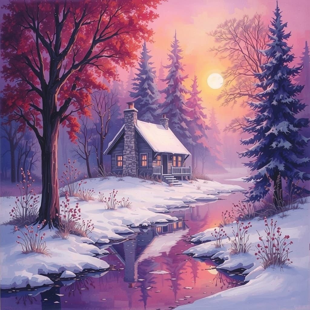 Surreal Winter Cabin in a Foggy, Vibrant Mist