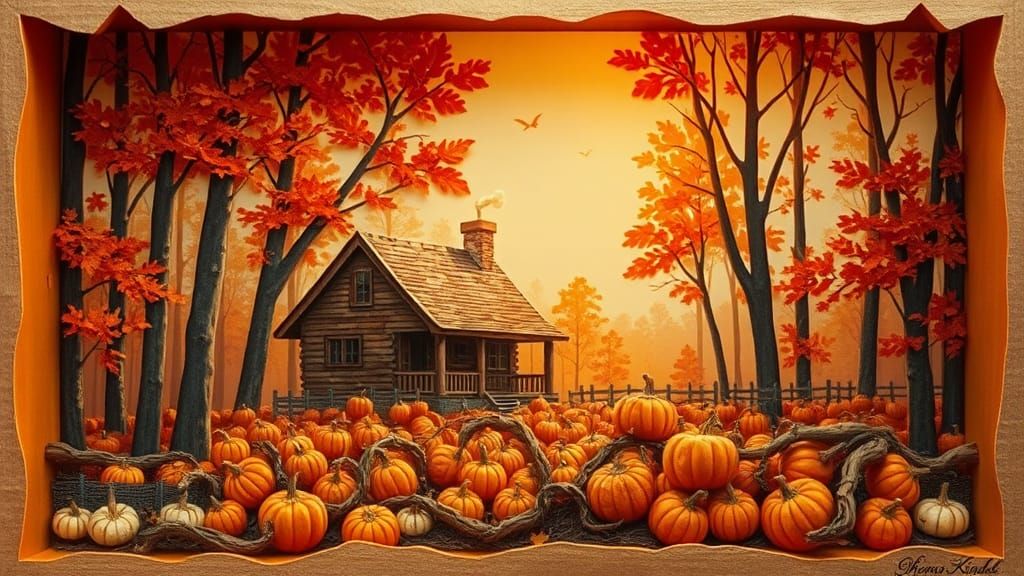 Autumn Forest Cabin in 3D Shadowbox Style