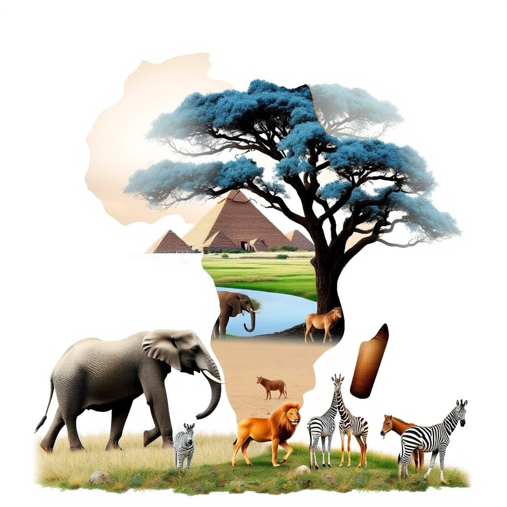 African Continent Double Exposure with Wildlife and Pyramids
